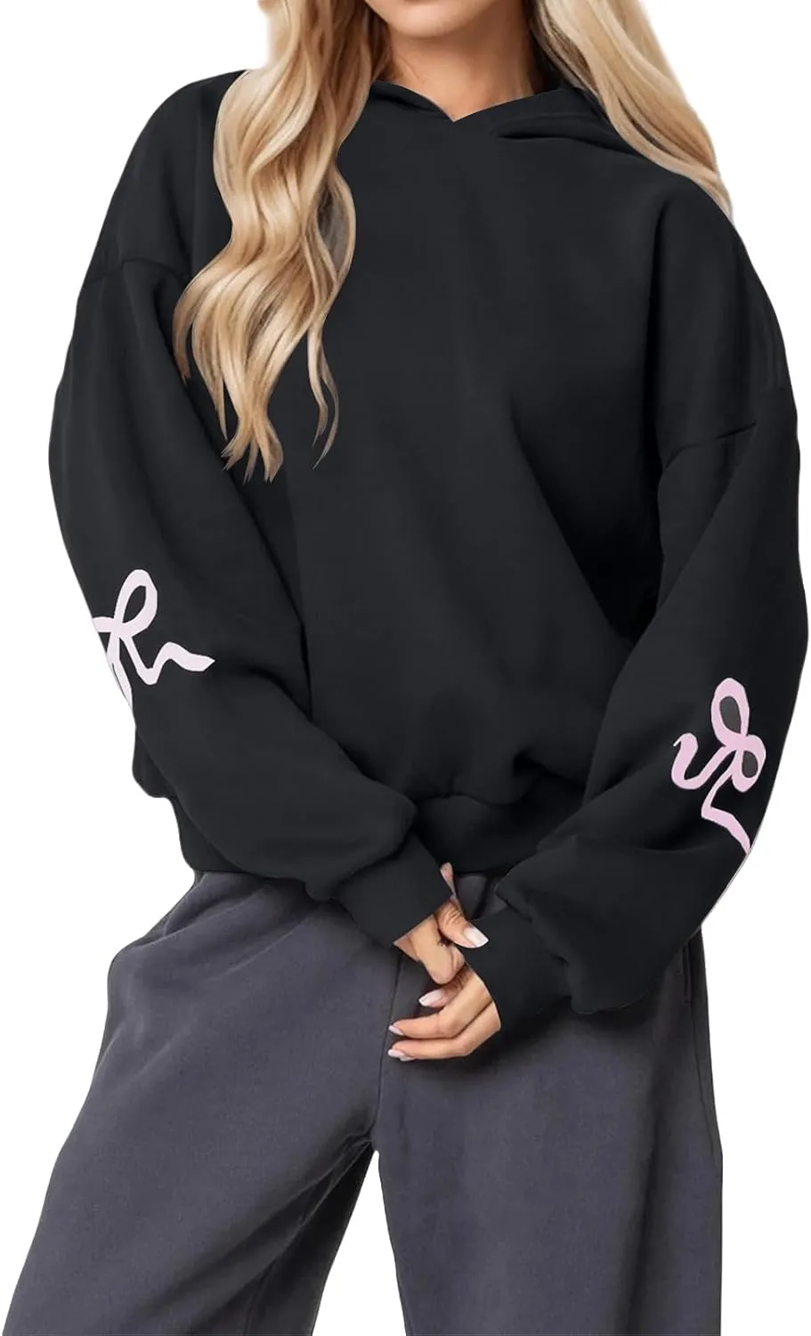 Smoneyful Womens Cute Bow Trim Print Hoodies Long Sleeve Fleeced Trendy Hooded Sweatshirts Oversized Pullover Tops