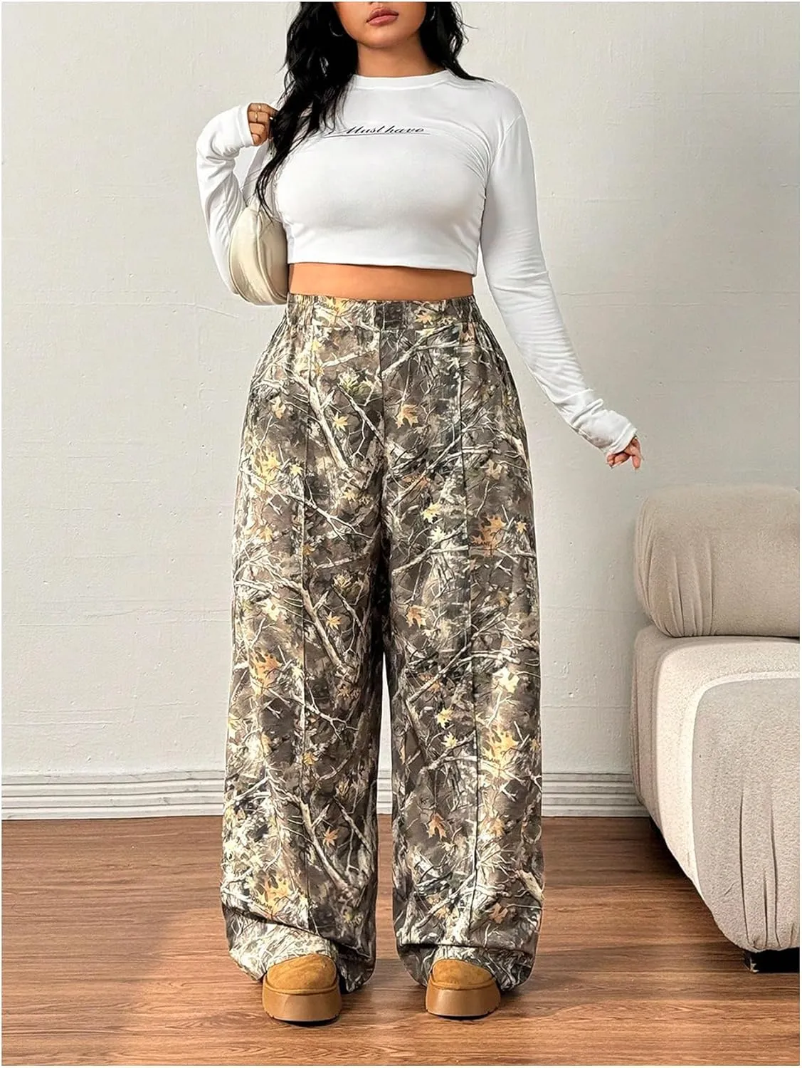 SOLY HUX Women's Plus Size Camo Pants High Waisted Wide Leg Casual Baggy Sweatpants Streewear