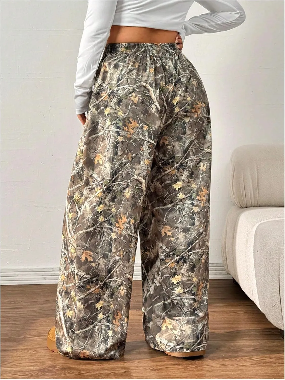 SOLY HUX Women's Plus Size Camo Pants High Waisted Wide Leg Casual Baggy Sweatpants Streewear