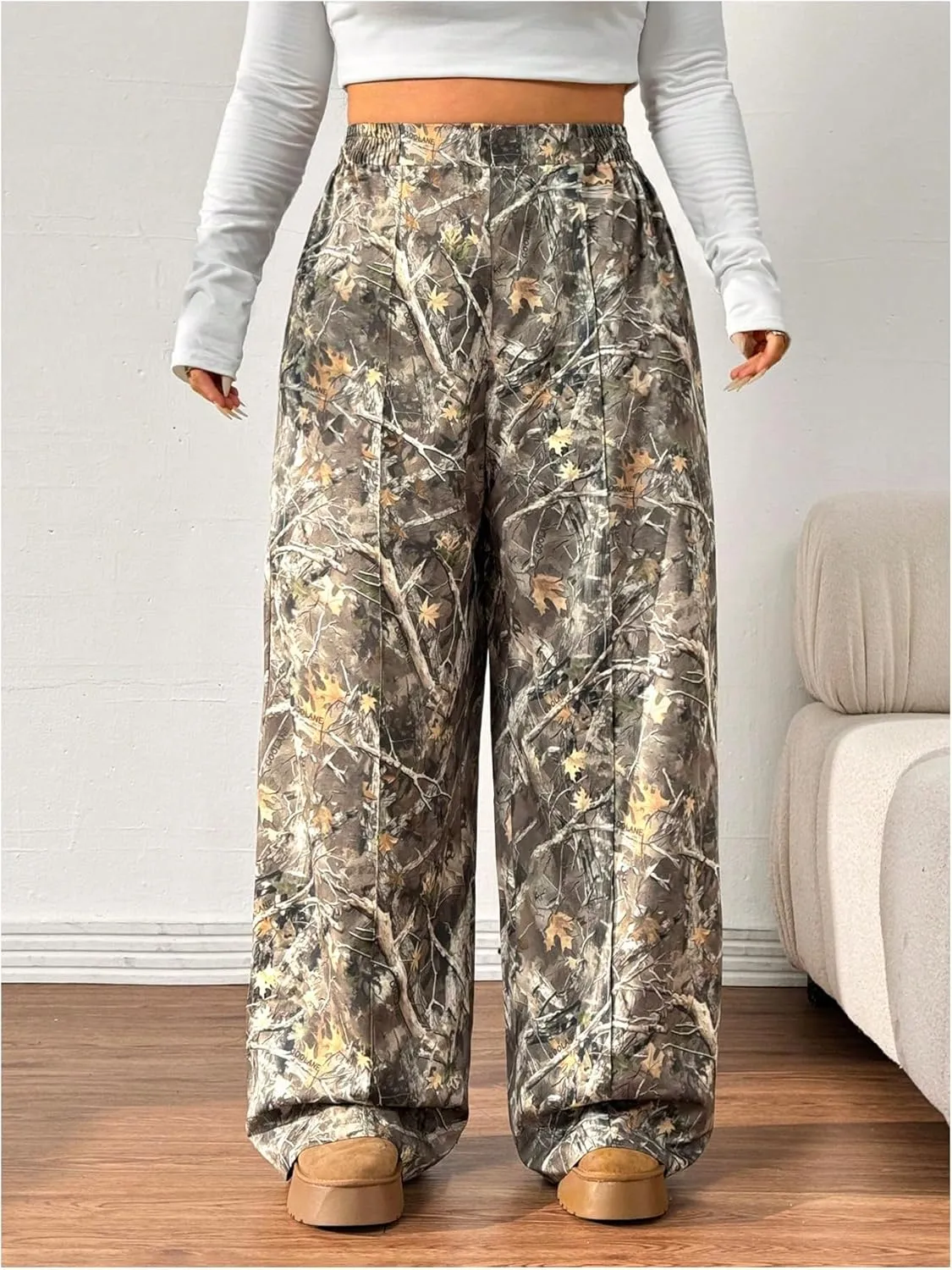SOLY HUX Women's Plus Size Camo Pants High Waisted Wide Leg Casual Baggy Sweatpants Streewear