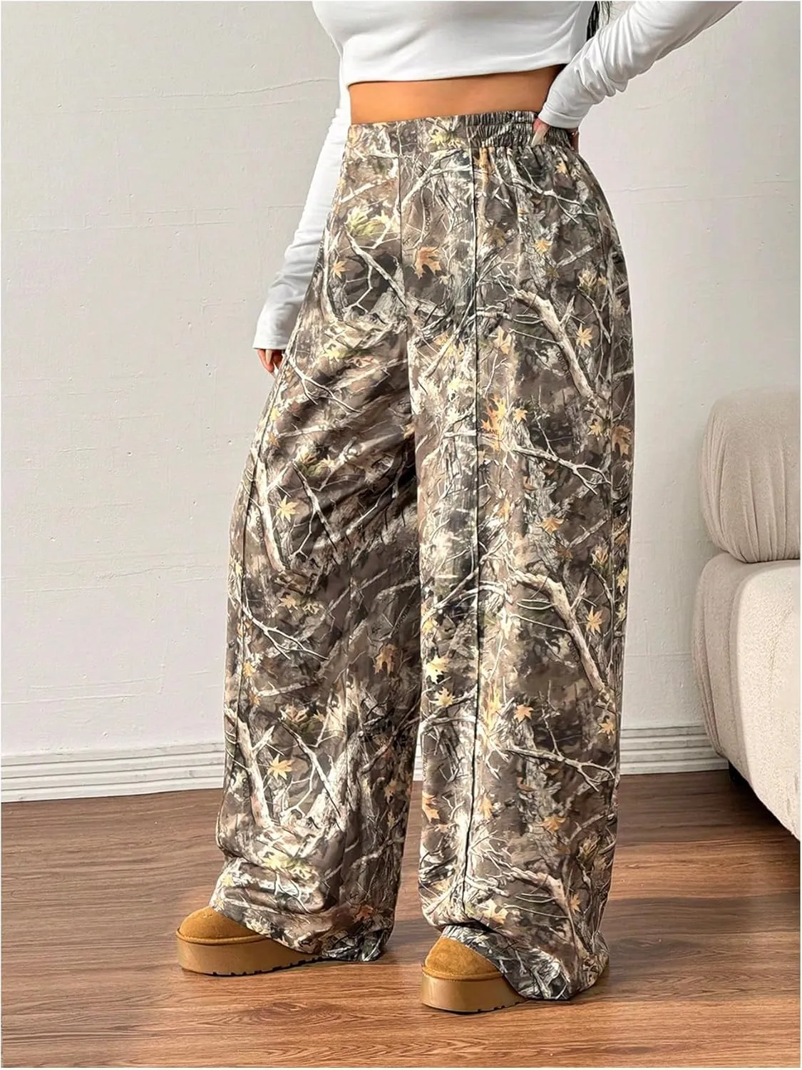 SOLY HUX Women's Plus Size Camo Pants High Waisted Wide Leg Casual Baggy Sweatpants Streewear