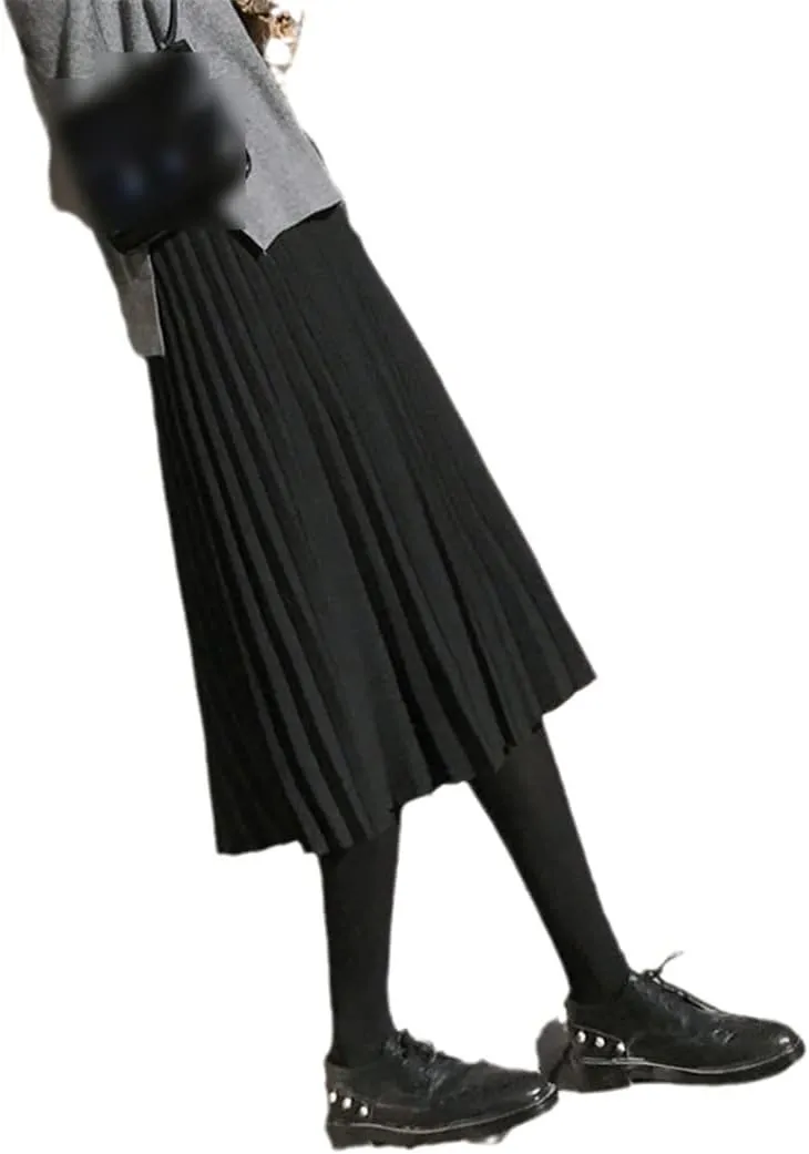 Spring Autumn Women Knitted Midi Skirt Black A-Line High Waist Pleated Elegant Skirt