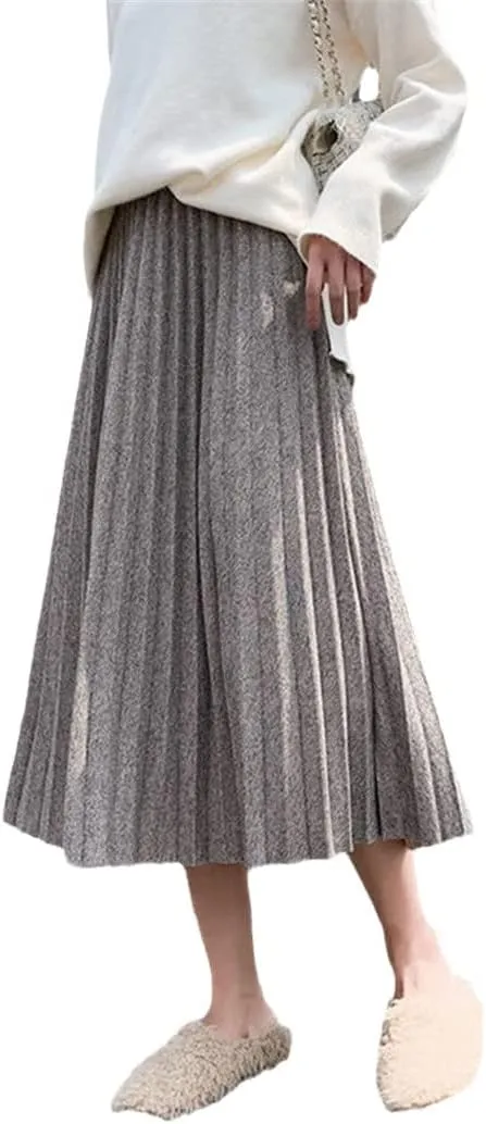 Spring Autumn Women Knitted Midi Skirt Black A-Line High Waist Pleated Elegant Skirt