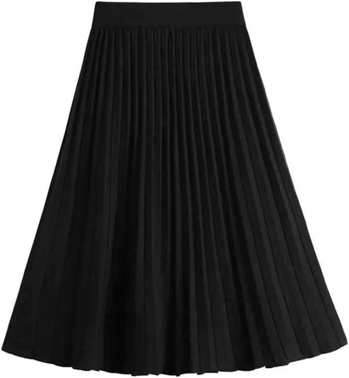 Spring Autumn Women Knitted Midi Skirt Black A-Line High Waist Pleated Elegant Skirt