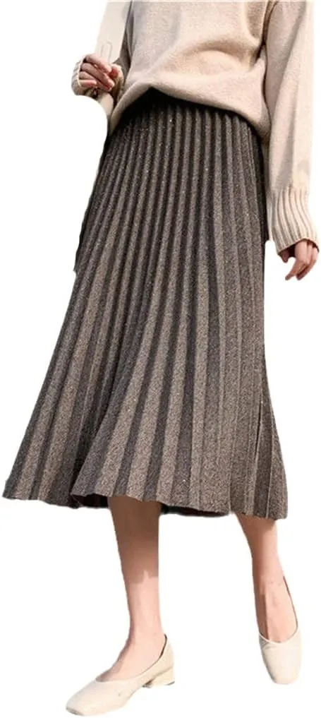 Spring Autumn Women Knitted Midi Skirt Black A-Line High Waist Pleated Elegant Skirt