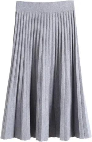 Spring Autumn Women Knitted Midi Skirt Black A-Line High Waist Pleated Elegant Skirt