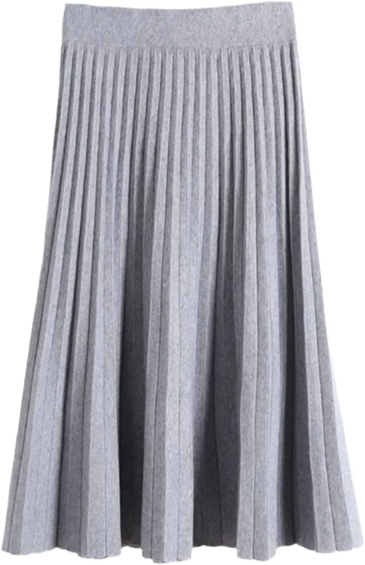 Spring Autumn Women Knitted Midi Skirt Black A-Line High Waist Pleated Elegant Skirt