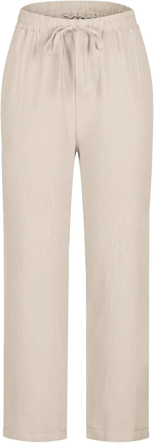 Summer Pants for Women Lace-Up Elastic High Waist Cotton Linen Trouser Casual Loose Fit Straight Leg Capri Pants