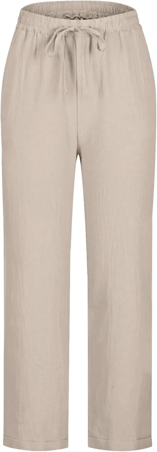 Summer Pants for Women Lace-Up Elastic High Waist Cotton Linen Trouser Casual Loose Fit Straight Leg Capri Pants