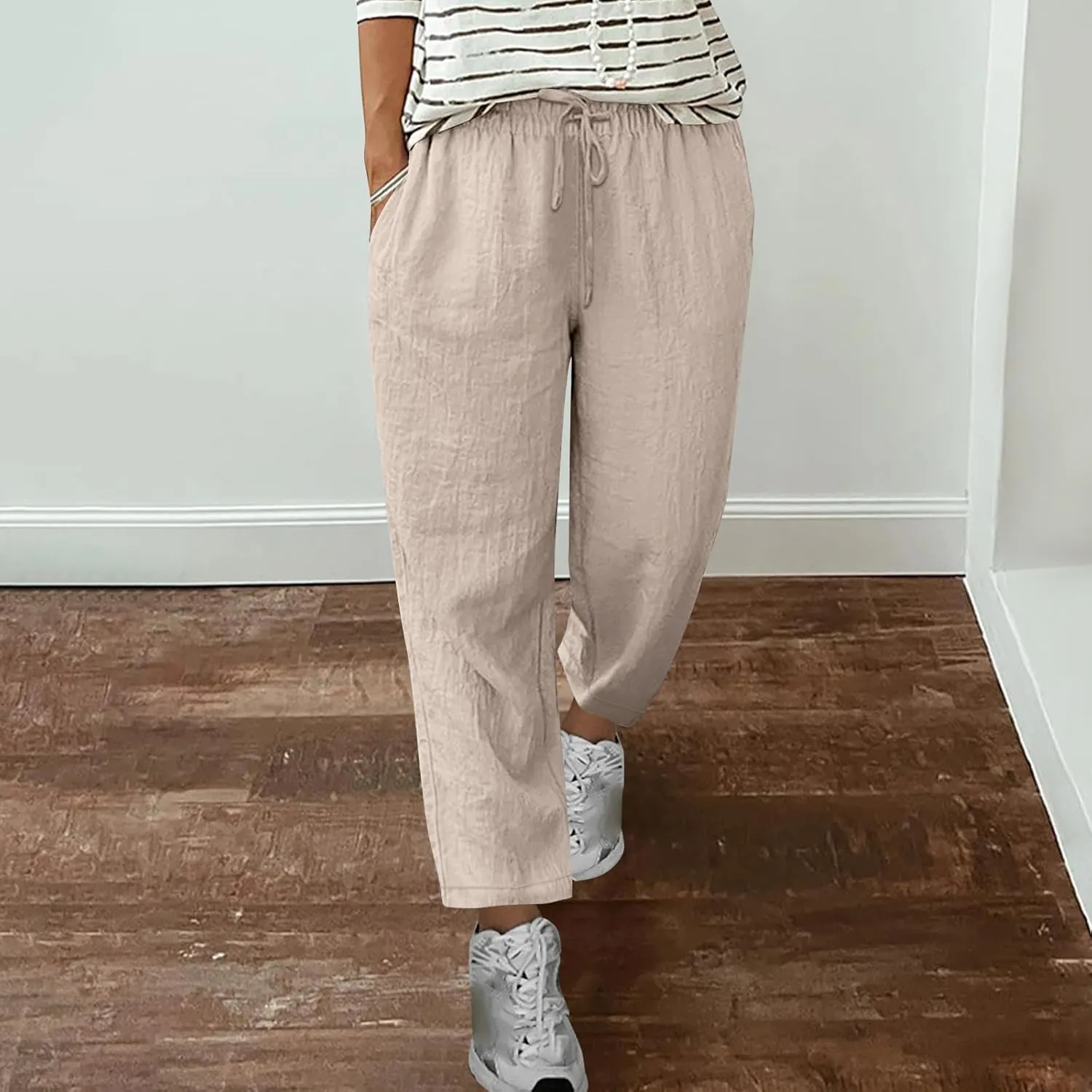 Summer Pants for Women Lace-Up Elastic High Waist Cotton Linen Trouser Casual Loose Fit Straight Leg Capri Pants