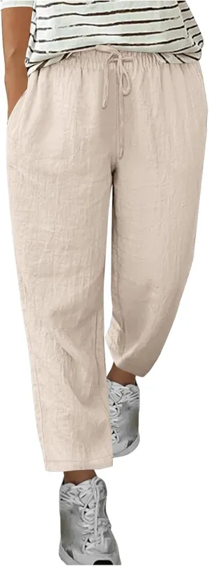 Summer Pants for Women Lace-Up Elastic High Waist Cotton Linen Trouser Casual Loose Fit Straight Leg Capri Pants