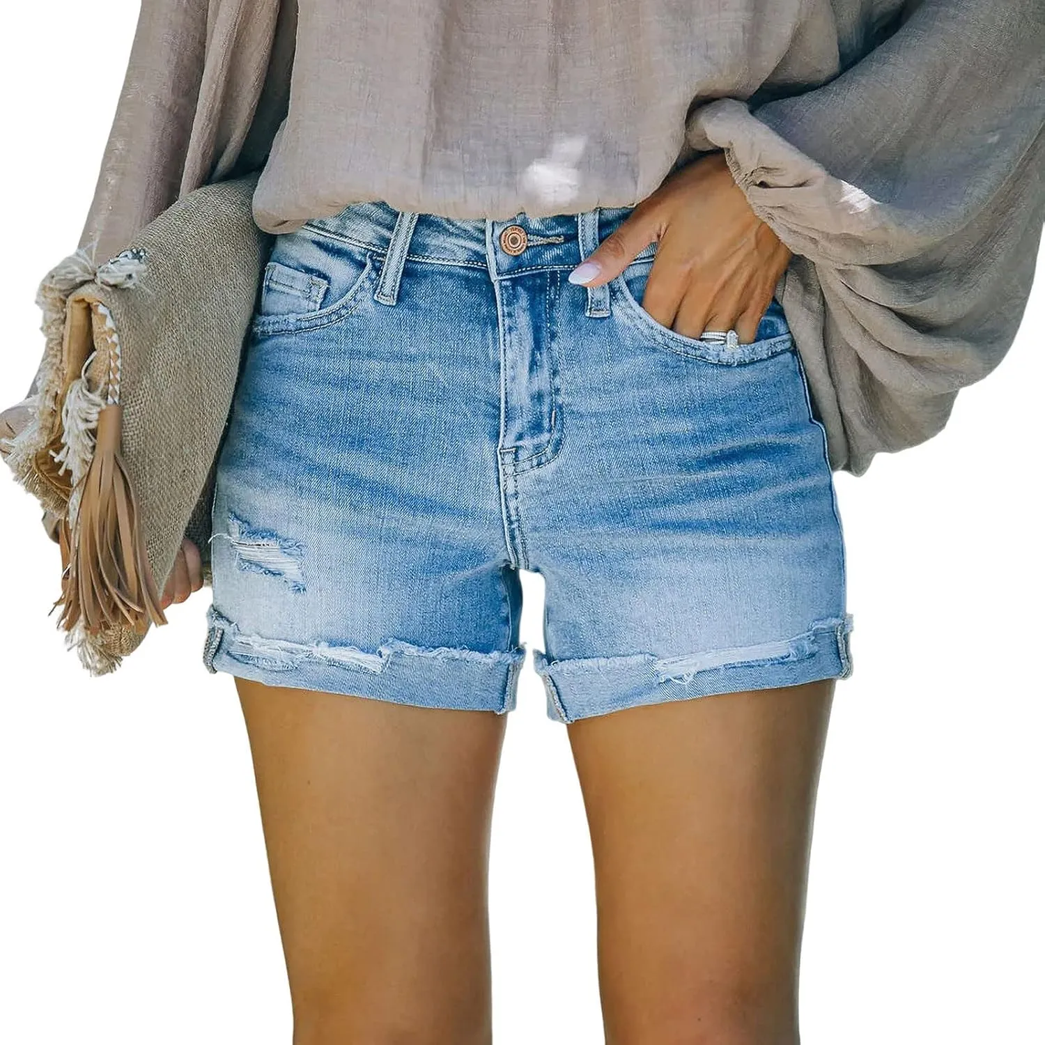 Summer Women High Waisted Jean Shorts Skinny Stretchy Denim Shorts Frayed Raw Hem Distressed Ripped Short Jeans