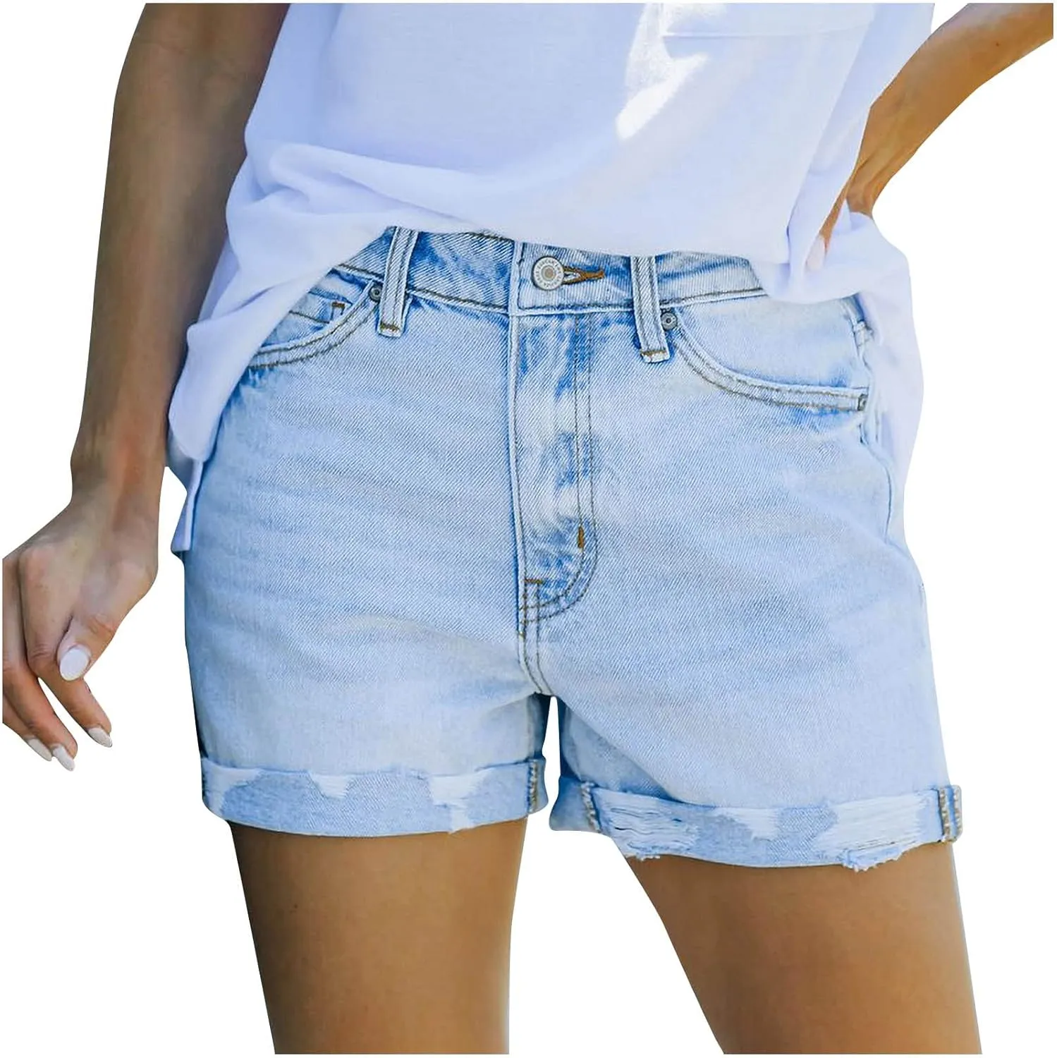Summer Women High Waisted Jean Shorts Skinny Stretchy Denim Shorts Frayed Raw Hem Distressed Ripped Short Jeans