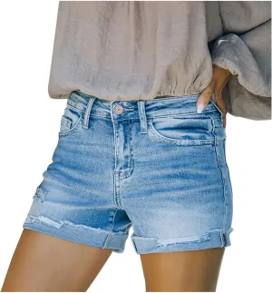 Summer Women High Waisted Jean Shorts Skinny Stretchy Denim Shorts Frayed Raw Hem Distressed Ripped Short Jeans