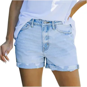 Summer Women High Waisted Jean Shorts Skinny Stretchy Denim Shorts Frayed Raw Hem Distressed Ripped Short Jeans