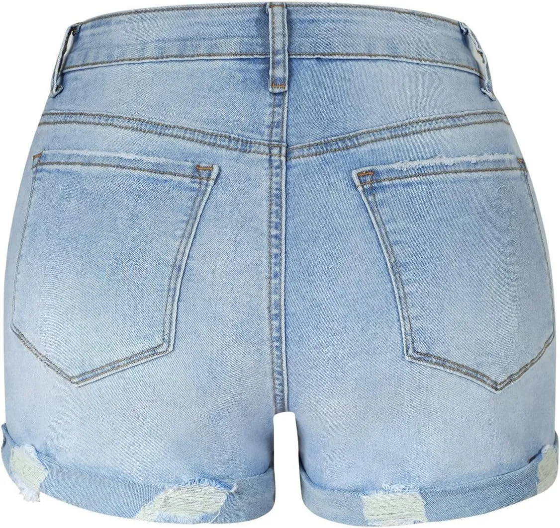 Summer Women High Waisted Jean Shorts Skinny Stretchy Denim Shorts Frayed Raw Hem Distressed Ripped Short Jeans