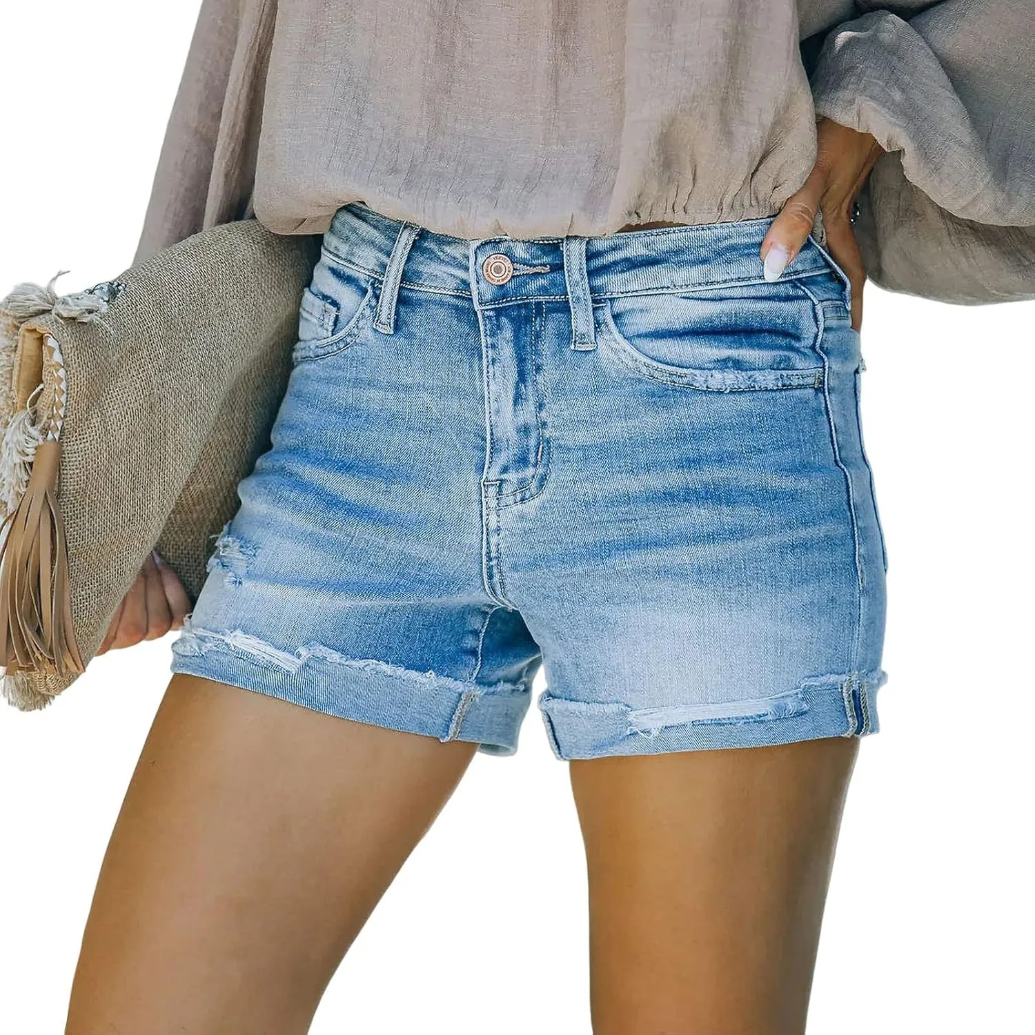 Summer Women High Waisted Jean Shorts Skinny Stretchy Denim Shorts Frayed Raw Hem Distressed Ripped Short Jeans