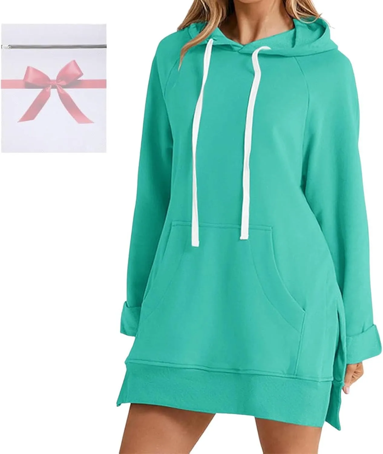 The Warmy Oversized Hoodie Dress for Womens Long Sleeve Split Hem Drawstring Midi Dress Pullover Hoodies with Pocket