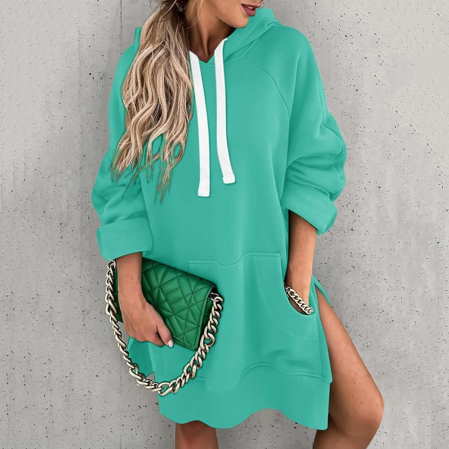 The Warmy Oversized Hoodie Dress for Womens Long Sleeve Split Hem Drawstring Midi Dress Pullover Hoodies with Pocket
