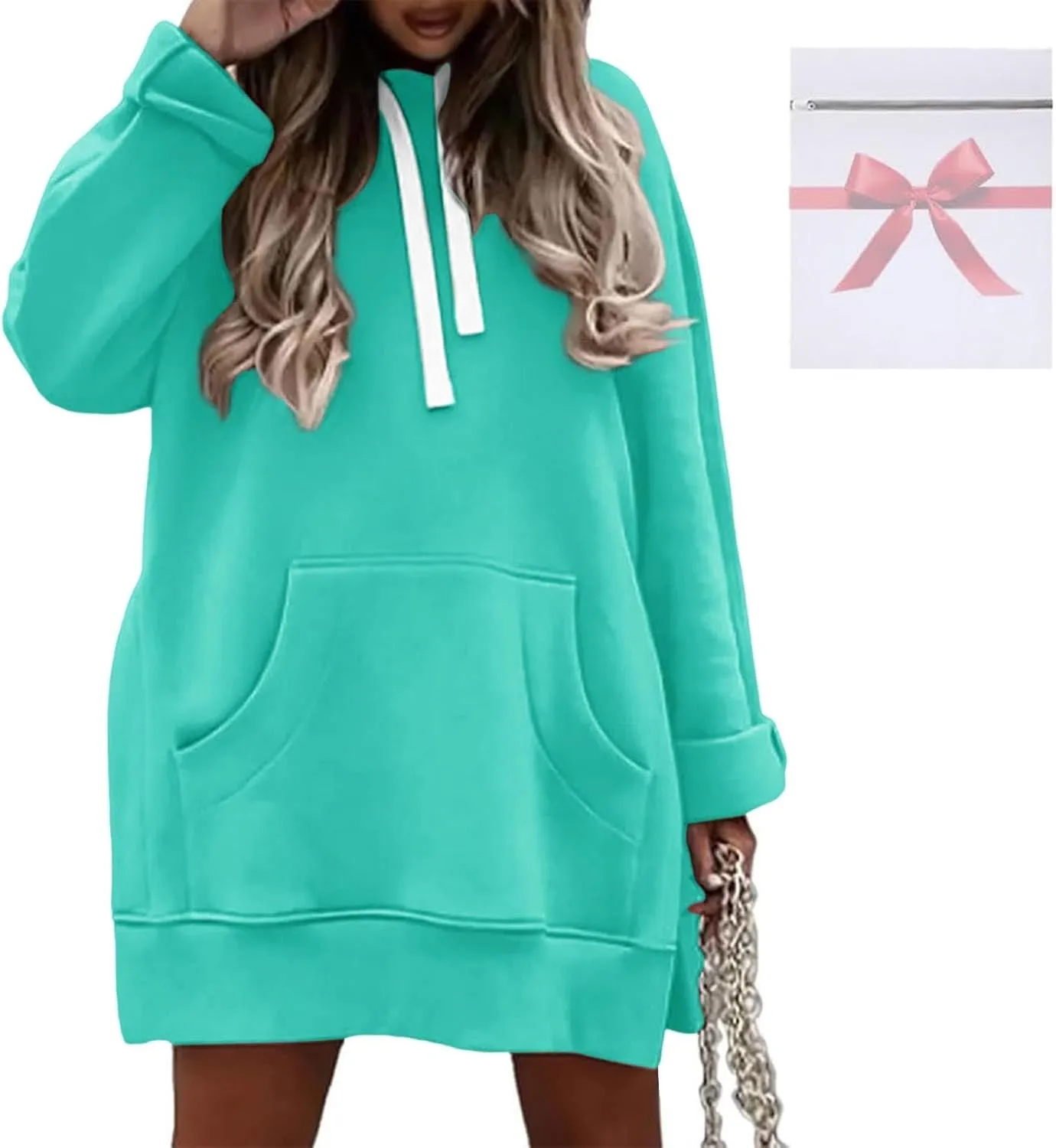 The Warmy Oversized Hoodie Dress for Womens Long Sleeve Split Hem Drawstring Midi Dress Pullover Hoodies with Pocket