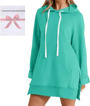 The Warmy Oversized Hoodie Dress for Womens Long Sleeve Split Hem Drawstring Midi Dress Pullover Hoodies with Pocket