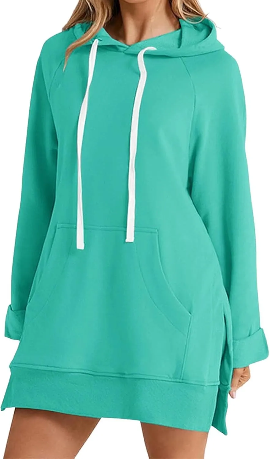 The Warmy Oversized Hoodie Dress for Womens Long Sleeve Split Hem Drawstring Midi Dress Pullover Hoodies with Pocket
