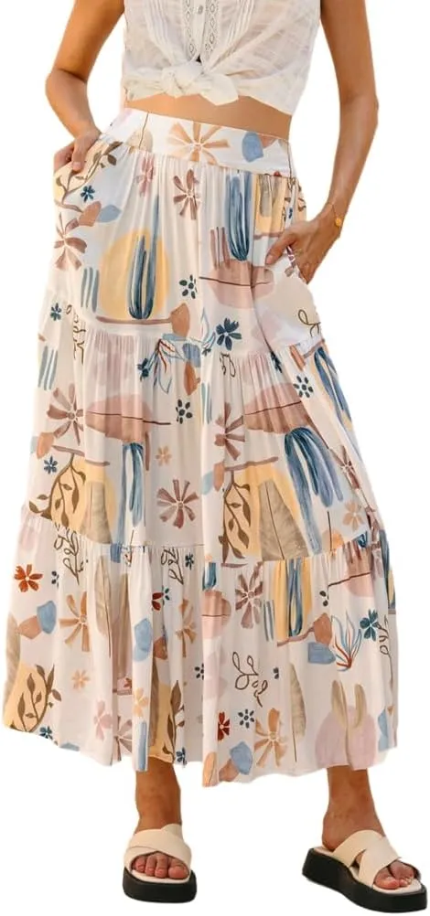 THLAI Women Beach Midi Skirt Boho Floral Print Pleated Vacation Long Skirt