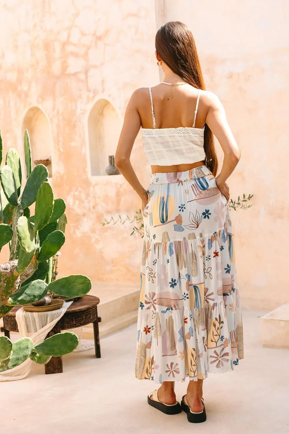 THLAI Women Beach Midi Skirt Boho Floral Print Pleated Vacation Long Skirt