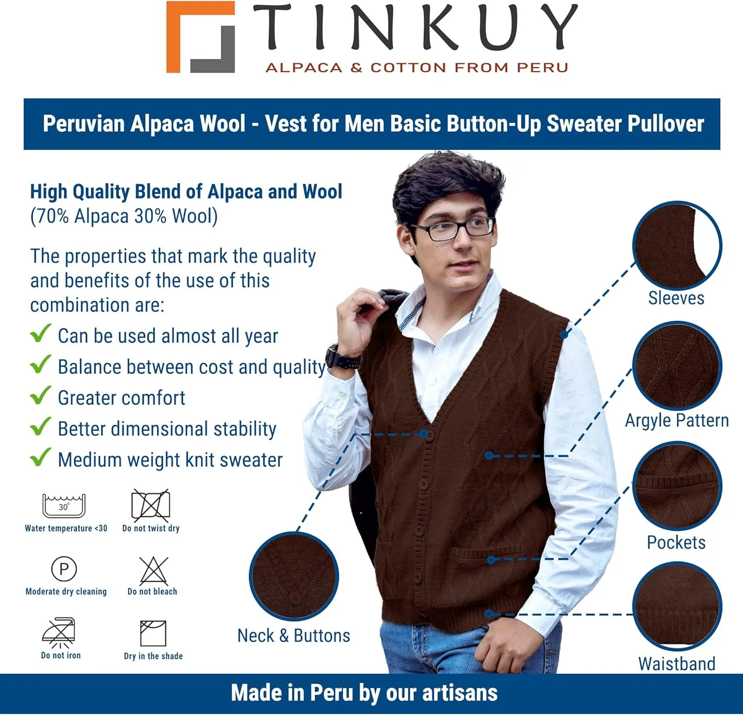 TINKUY Peru Mens Alpaca Wool V Neck Argyle Cardigan Vest, S-4XL