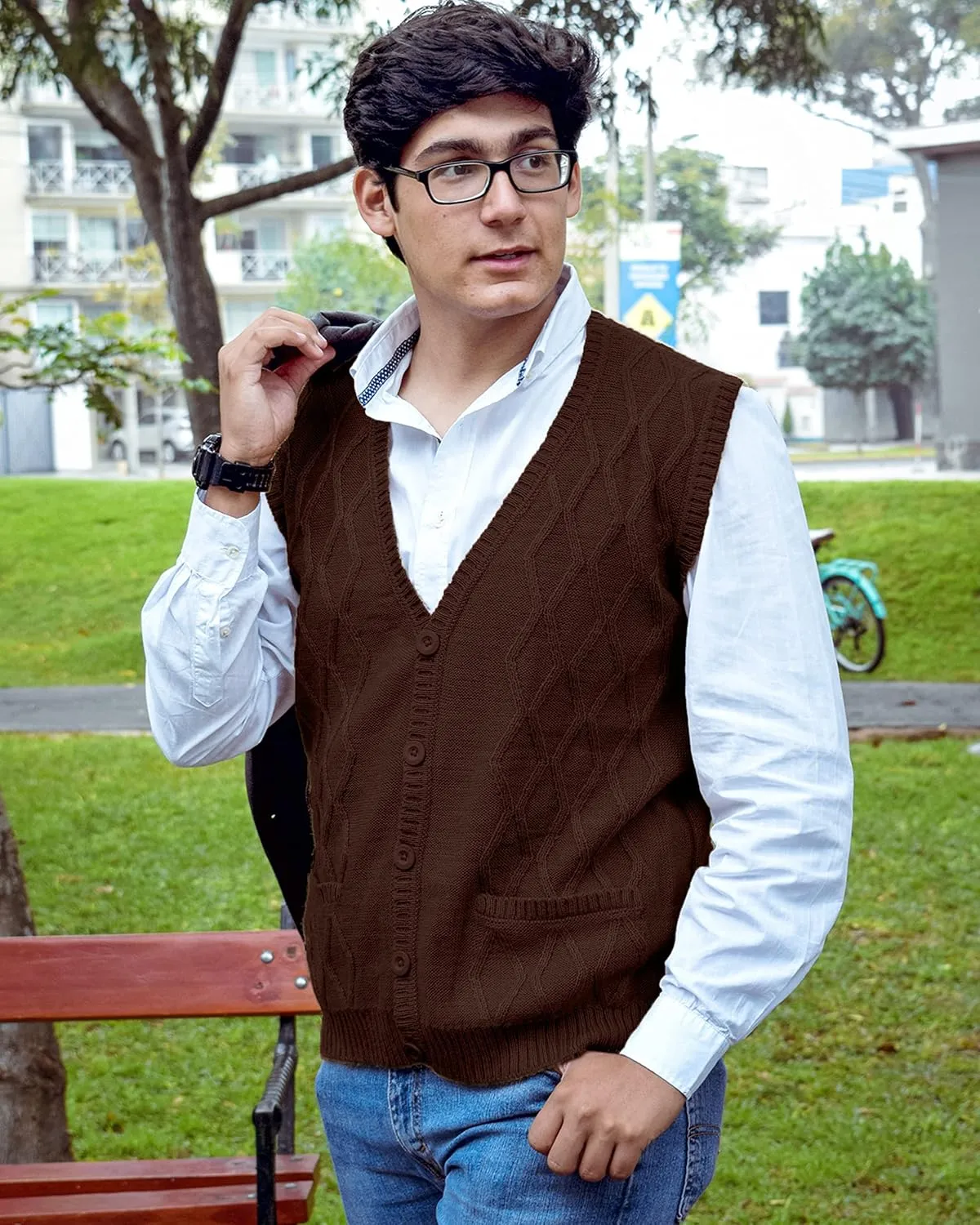 TINKUY Peru Mens Alpaca Wool V Neck Argyle Cardigan Vest, S-4XL