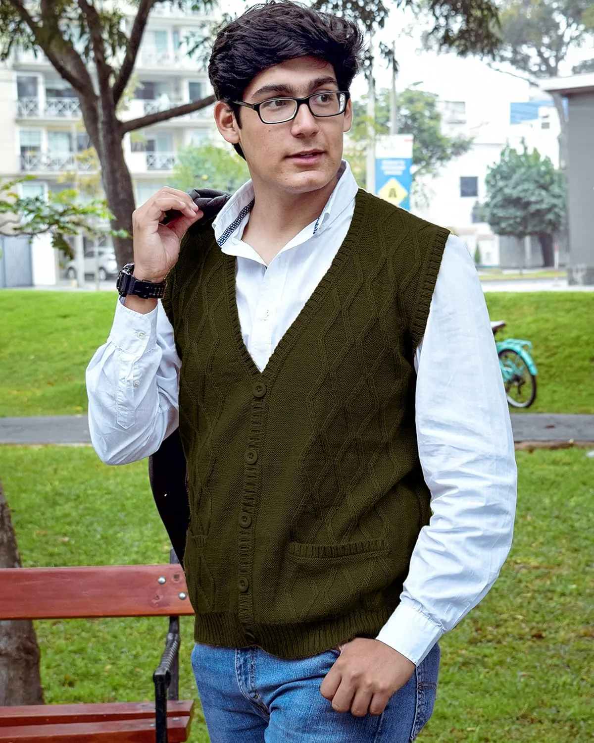 TINKUY Peru Mens Alpaca Wool V Neck Argyle Cardigan Vest, S-4XL