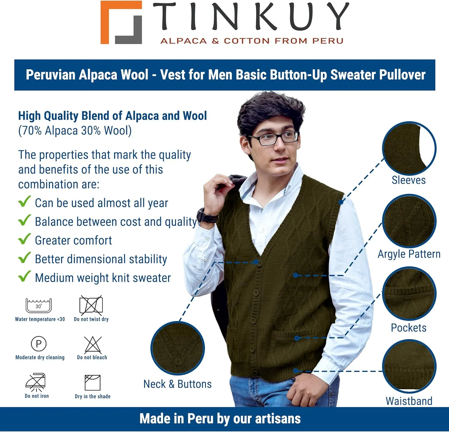 TINKUY Peru Mens Alpaca Wool V Neck Argyle Cardigan Vest, S-4XL