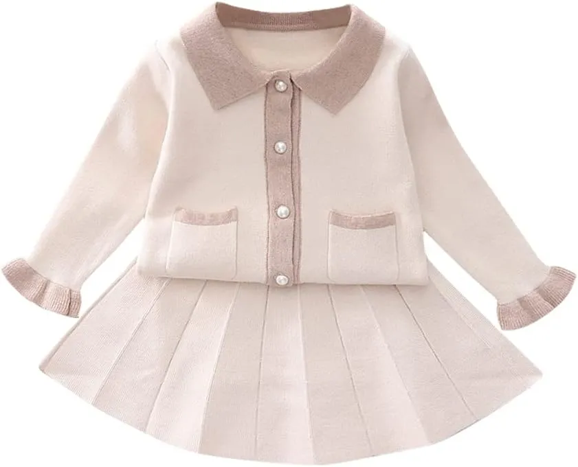 Toddler Girls Fall Winter Outfit Knitted Buttons Sweater Top Mini Skirt Ruffle Long Sleeve Tutu Dress 2PCS Clothes Set