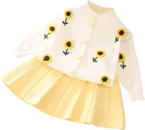 Toddler Girls Fall Winter Outfit Knitted Buttons Sweater Top Mini Skirt Ruffle Long Sleeve Tutu Dress 2PCS Clothes Set