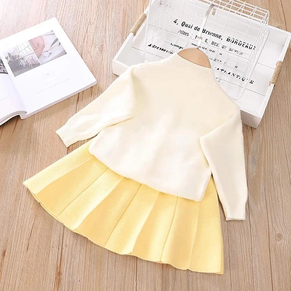 Toddler Girls Fall Winter Outfit Knitted Buttons Sweater Top Mini Skirt Ruffle Long Sleeve Tutu Dress 2PCS Clothes Set