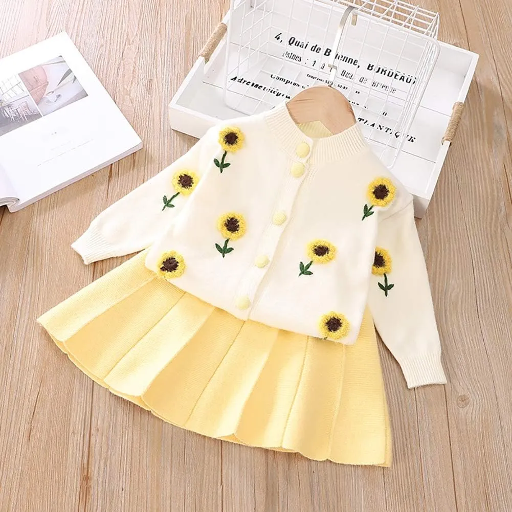 Toddler Girls Fall Winter Outfit Knitted Buttons Sweater Top Mini Skirt Ruffle Long Sleeve Tutu Dress 2PCS Clothes Set