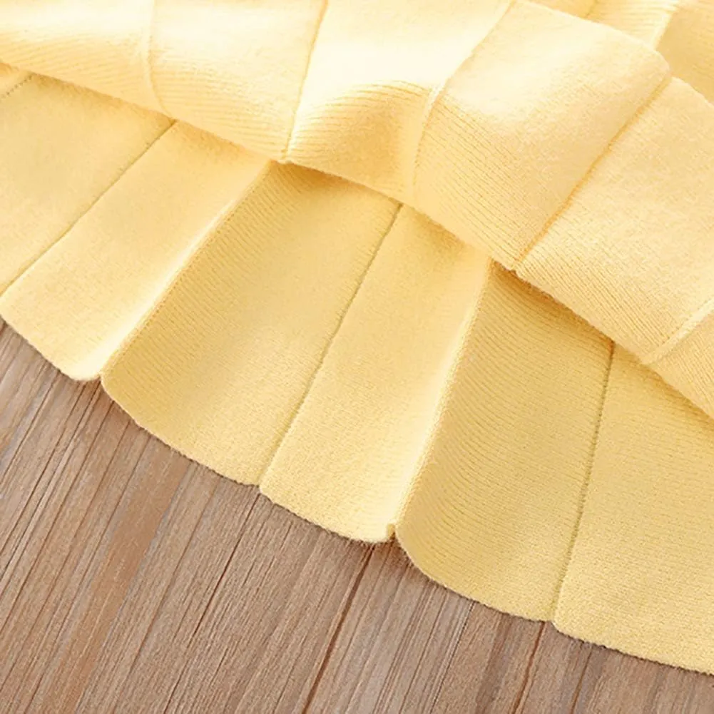 Toddler Girls Fall Winter Outfit Knitted Buttons Sweater Top Mini Skirt Ruffle Long Sleeve Tutu Dress 2PCS Clothes Set