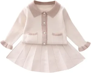 Toddler Girls Fall Winter Outfit Knitted Buttons Sweater Top Mini Skirt Ruffle Long Sleeve Tutu Dress 2PCS Clothes Set