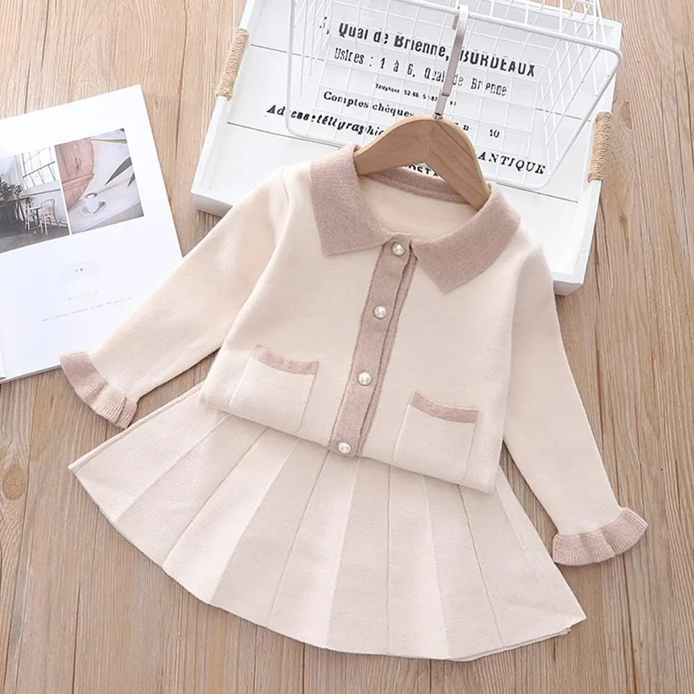Toddler Girls Fall Winter Outfit Knitted Buttons Sweater Top Mini Skirt Ruffle Long Sleeve Tutu Dress 2PCS Clothes Set