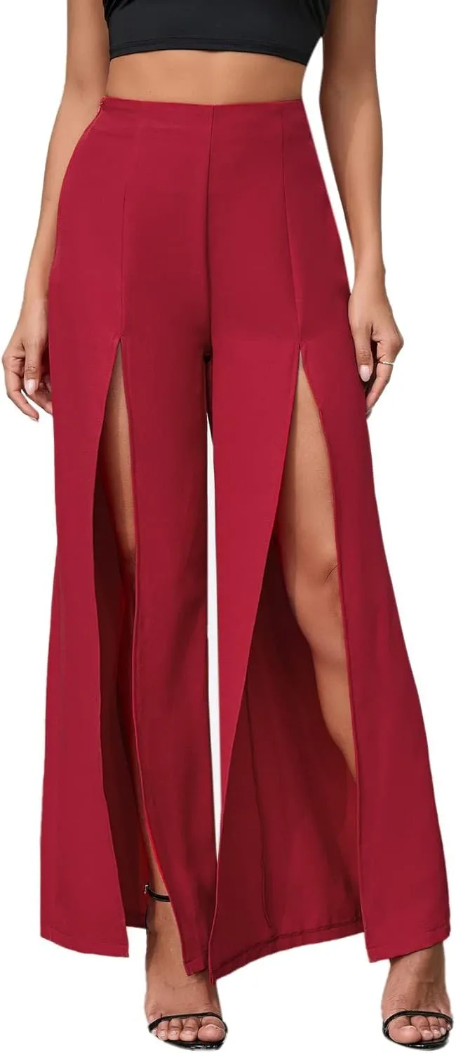 utcoco Women's Wide Leg Pants Trendy Thigh Split Palazzo Loose High Waist Trousers