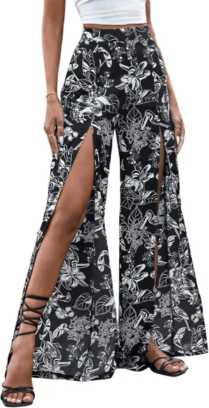 utcoco Women's Wide Leg Pants Trendy Thigh Split Palazzo Loose High Waist Trousers