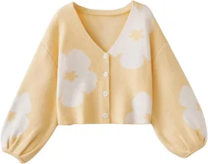 Verdusa Girl's Floral Knit Cardigans Bishop Long Sleeve Button Up Sweater Cardigan