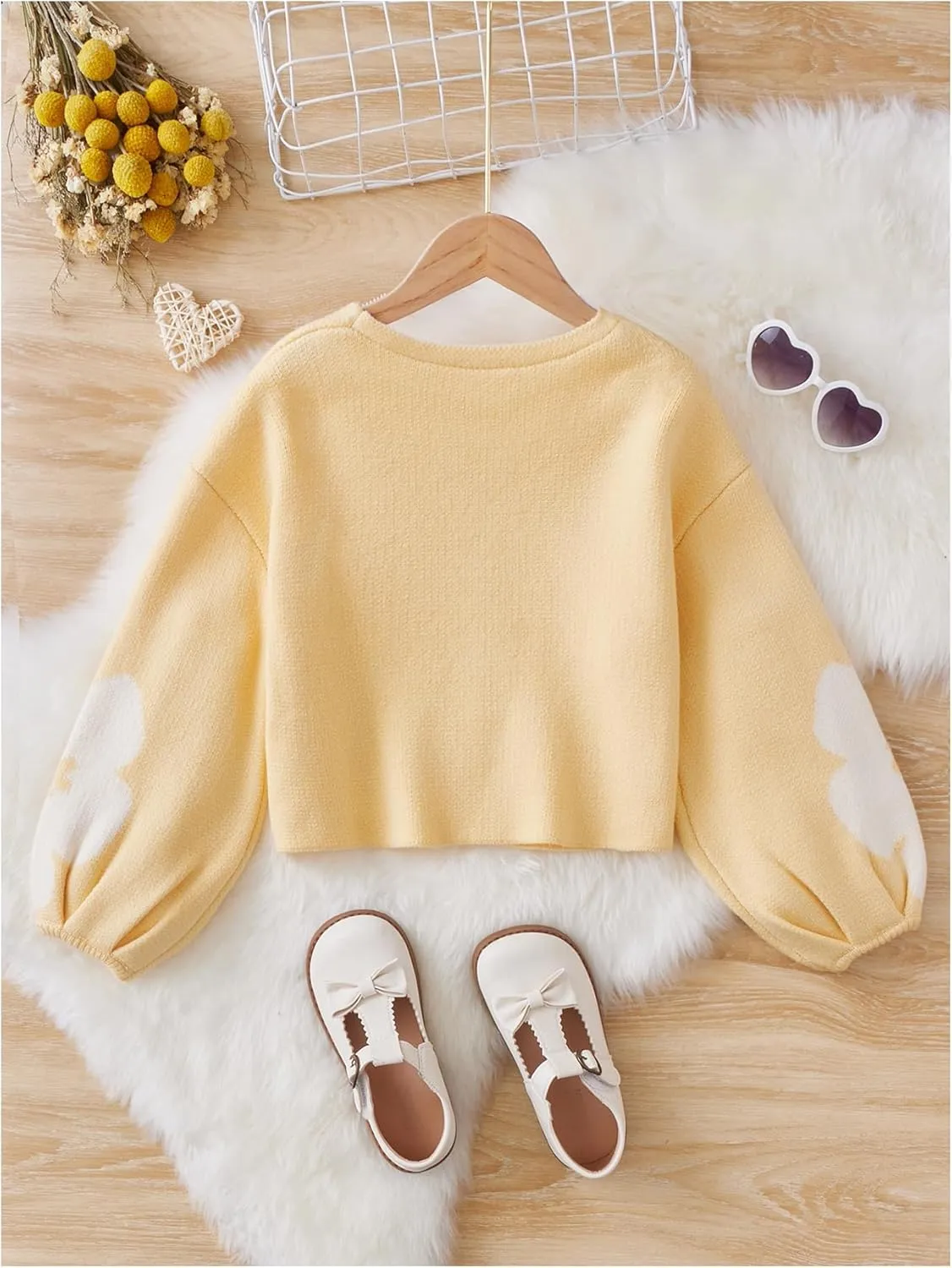 Verdusa Girl's Floral Knit Cardigans Bishop Long Sleeve Button Up Sweater Cardigan