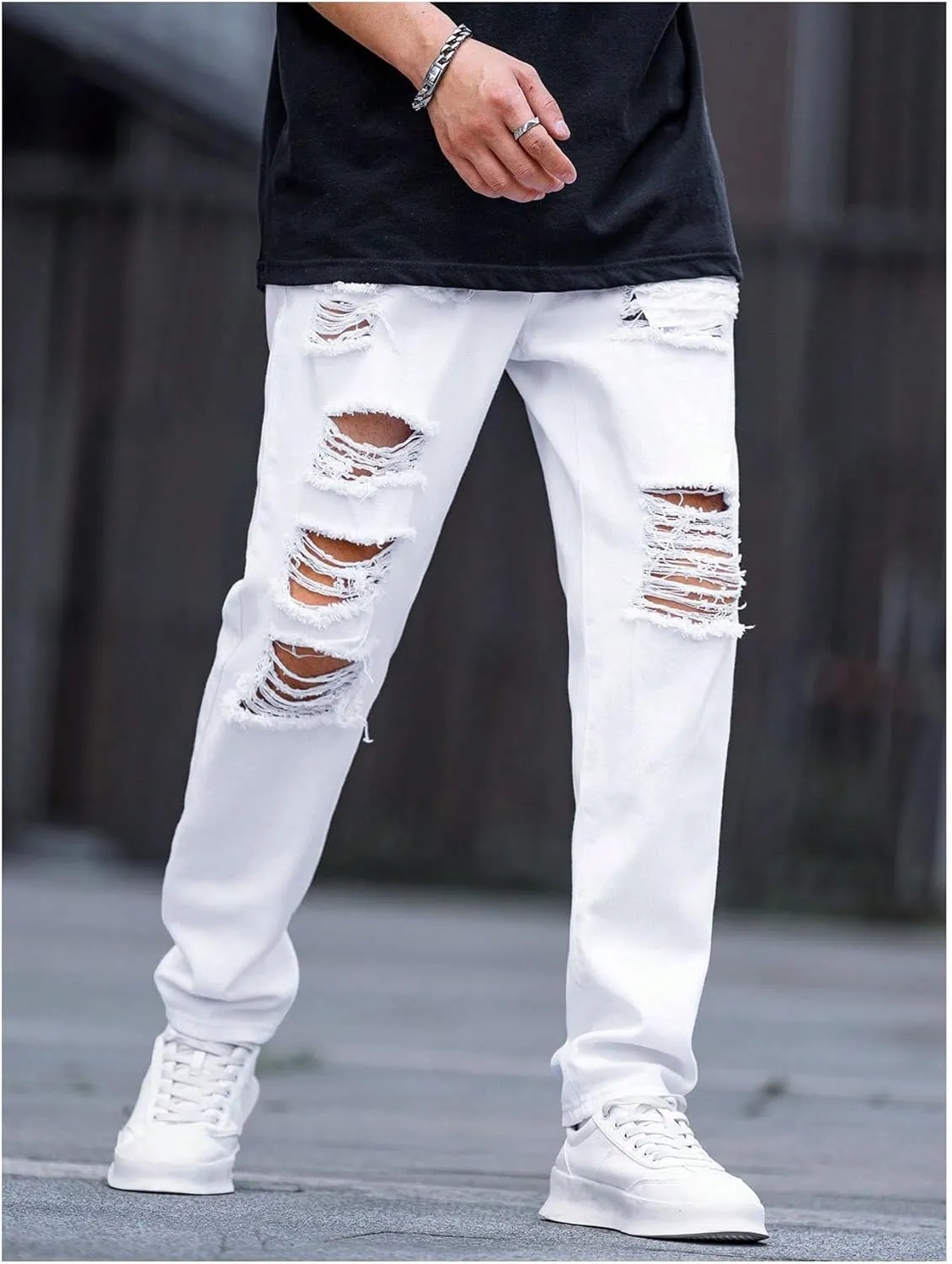 Verdusa Men's Ripped Distressed Straight Leg Jeans Casual Denim Pants Trousers