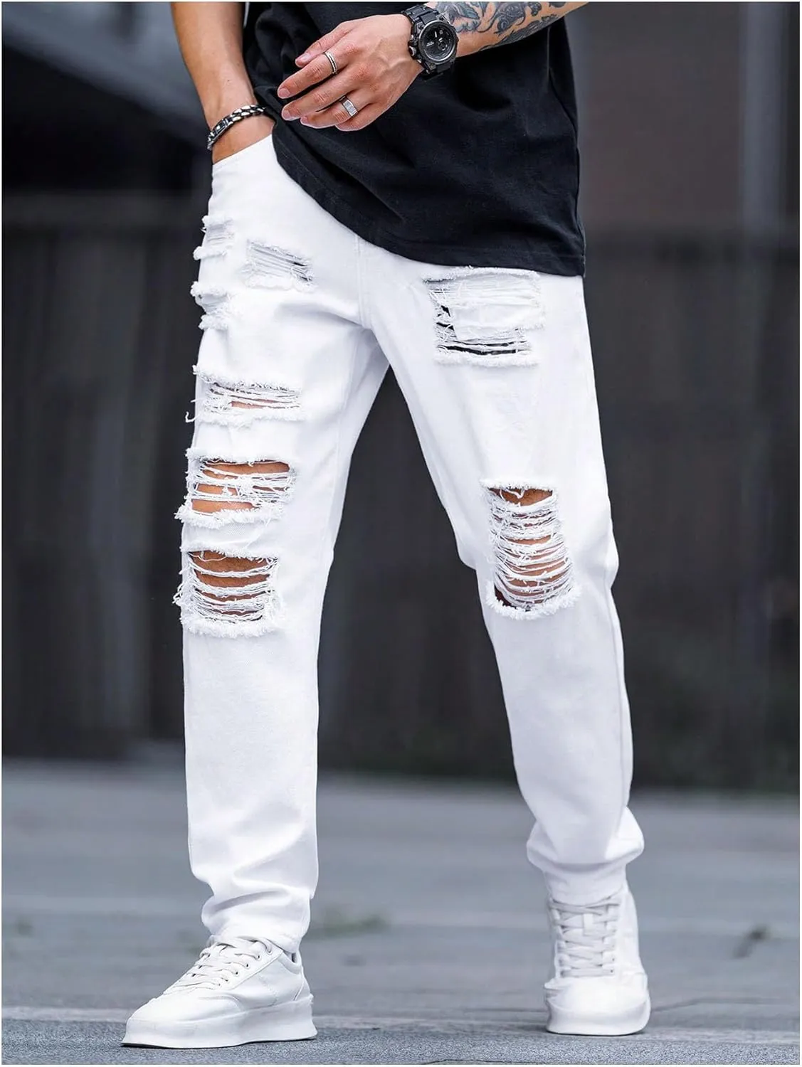 Verdusa Men's Ripped Distressed Straight Leg Jeans Casual Denim Pants Trousers