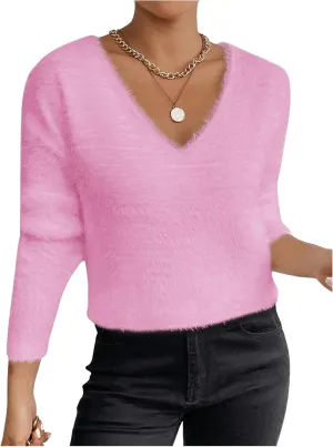 Verdusa Women's Fuzzy Sweater V Neck Drop Shoulder Long Sleeve Pullover Sweaters