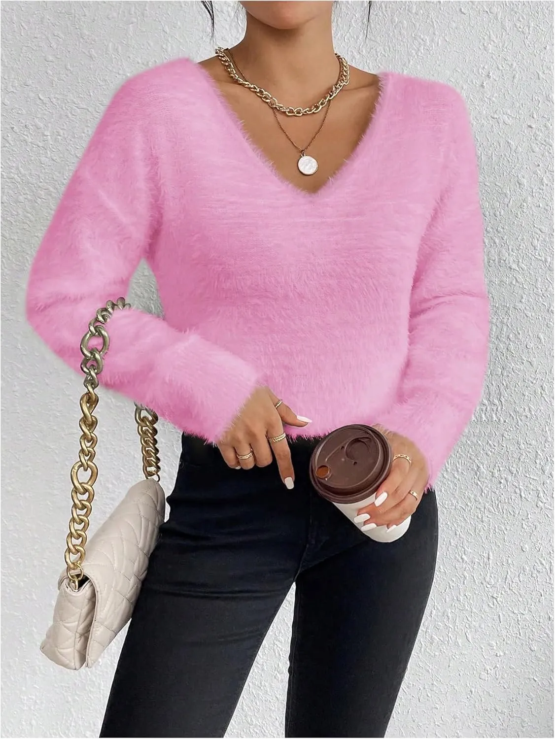 Verdusa Women's Fuzzy Sweater V Neck Drop Shoulder Long Sleeve Pullover Sweaters
