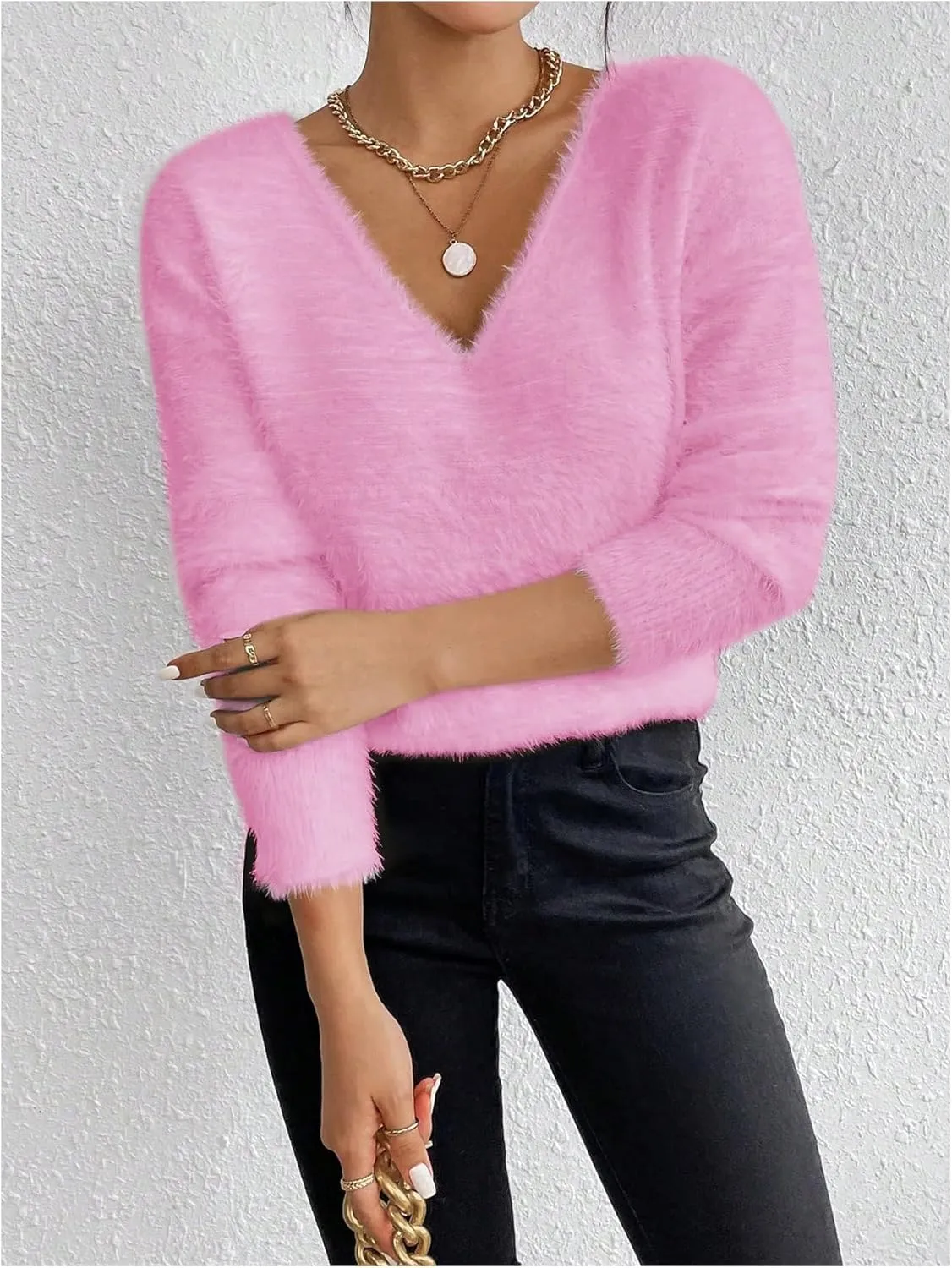 Verdusa Women's Fuzzy Sweater V Neck Drop Shoulder Long Sleeve Pullover Sweaters