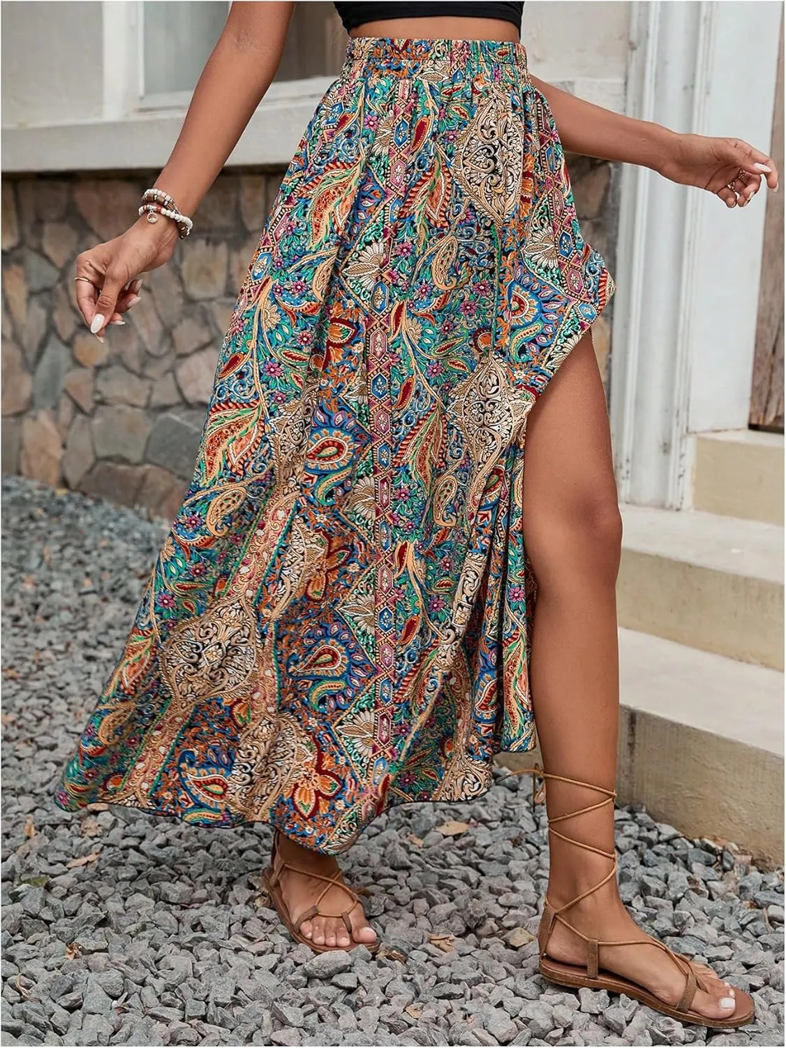 Verdusa Women's Paisley Print Maxi Skirt Boho Split Thigh High Waisted A Line Flowy Skirts