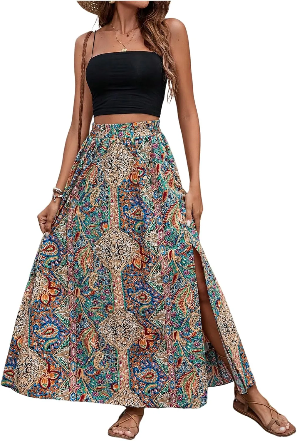 Verdusa Women's Paisley Print Maxi Skirt Boho Split Thigh High Waisted A Line Flowy Skirts